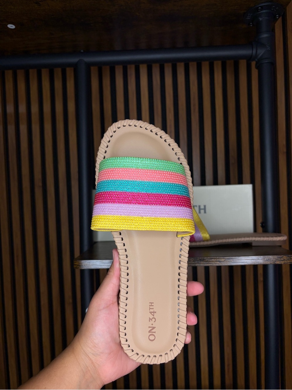 Beige Slide Sandal with Multicolor Striped Band - Women's